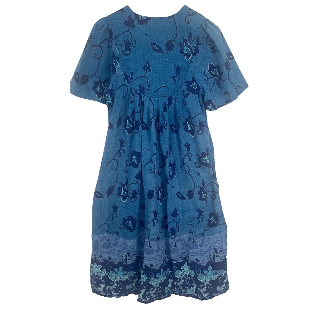Vintage Floral House Dress Womens XS Blue Cotton Muu Muu Lounger Boho - Picture 11 of 11